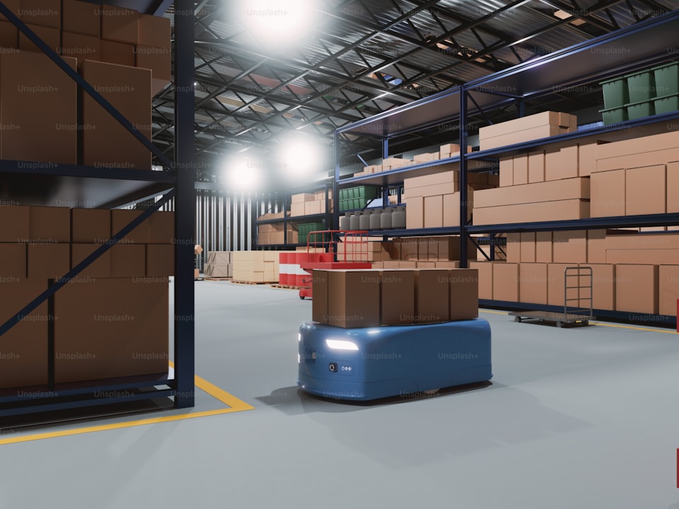 Automated guided vehicle moving goods through a warehouse